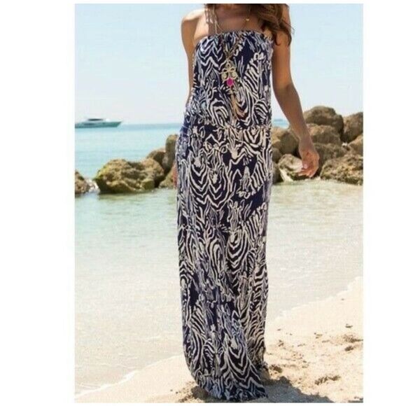 Lilly Pulitzer Morada Strapless Maxi Dress Women’s S Bright Navy Entourage Rayon - Picture 1 of 11